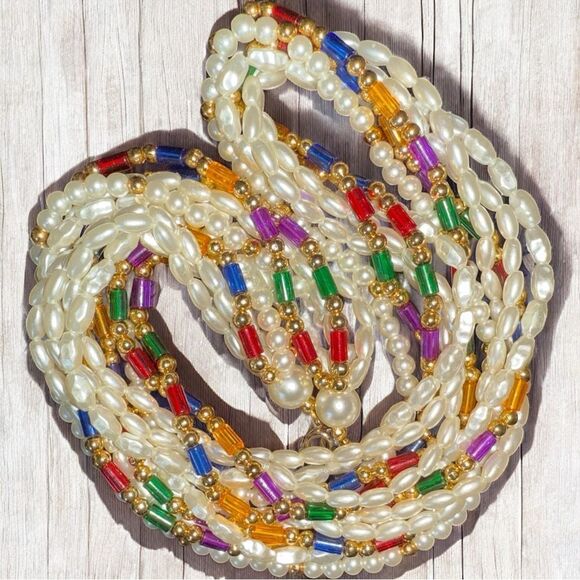 Multi-Strand Fresh Water Pearls Necklace and Twisted Cream and Multicolor Beads - Picture 3 of 5